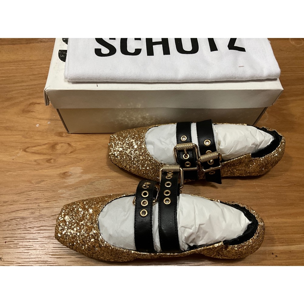 Schutz Raika Glam Gold Glitter Double Strap Ballet Flats Square Toe Size 5.5B
